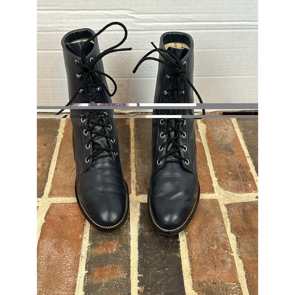 Vintage Justin Navy Blue Leather Ropers Lace Up Cowboy Boots Women's 7 B Western